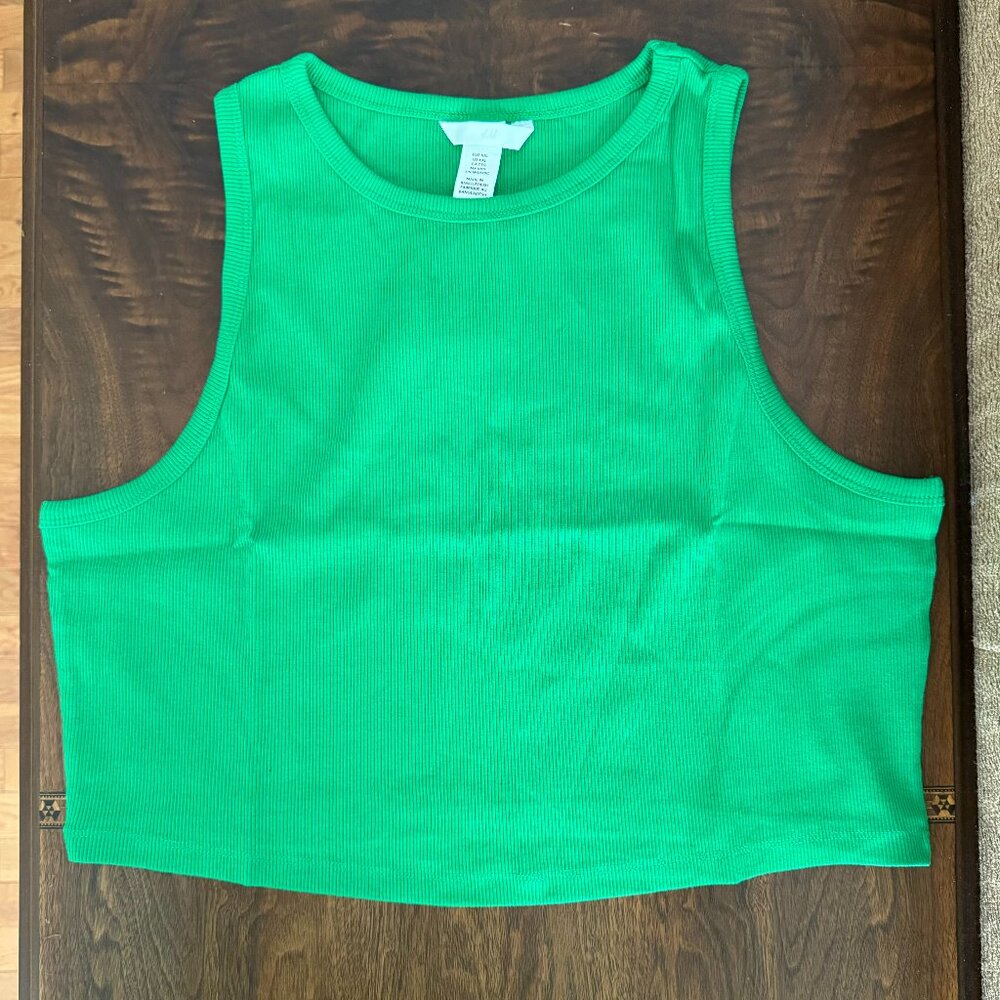 New with Tags H&M  Fitted, Green Crop Tank Top Ribbed Cotton Jersey - Sz - XXL